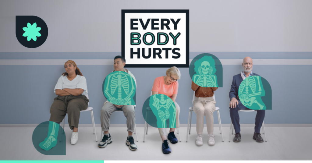 An image of multiple people in a hospital waiting room experiencing musculoskeletal issues, branded with Gravie's Every Body Hurts campaign